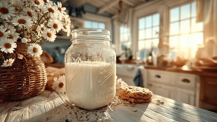 Jar of milk and flowers on table in bright kitchen sunlight - Powered by Adobe