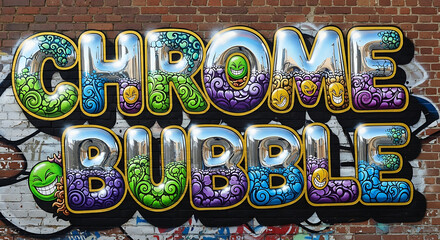 Fototapeta premium Chrome bubble graffiti art with silver reflective letters and colorful cartoon designs on a brick wall