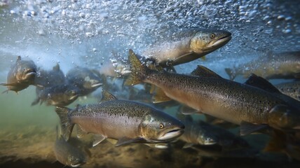 Obraz premium Majestic salmon swim in sunlit underwater realm. Artificial intelligence image