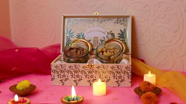 Beautiful dry fruit hamper with festive celebration background