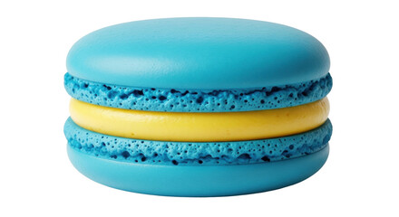Isolated turquoise macaron dessert, light blue French pastry with yellow filling, baked sweet