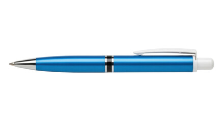 Isolated blue metal ballpoint pen with silver trim for writing and drawing, office supplies