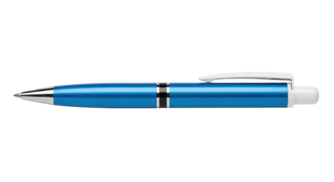 Isolated blue metal ballpoint pen with silver trim for writing and drawing, office supplies