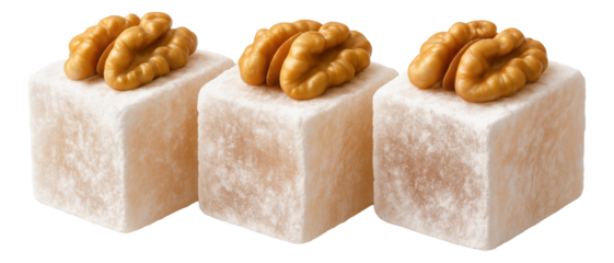 A small cube of fruit-flavored nougat with swirls of pink and white, unwrapped.