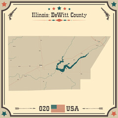 Large and accurate map of DeWitt County, Illinois, USA with vintage colors.