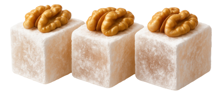 A small cube of fruit-flavored nougat with swirls of pink and white, unwrapped.