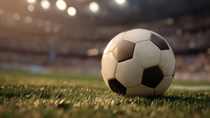 Fototapeta premium Soccer ball on green field under stadium lights. Artificial intelligence image