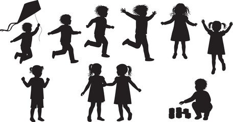 Children silhouette vector, playful and quiet activities, kite flying, running, sitting, waving, building blocks, black illustration, childhood moments, minimalist design
