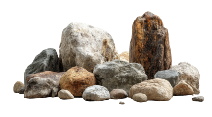 A collection of diverse rocks, varying in size, shape and color, isolated on black