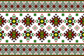 A colorful geometric cross-stitch pattern featuring symmetrical floral motifs arranged in a traditional folk textile style. Geometric pixel art seamless motifs vector. Pixel art pattern