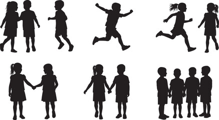 Children silhouette vector, playful and social activities, running, talking, jumping, holding hands, black illustration, childhood interaction, minimalist design, educational theme