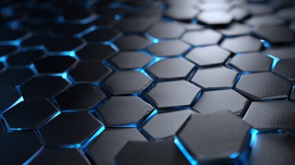 Naklejka premium Metallic hexagonal pattern with blue glow. Artificial intelligence image