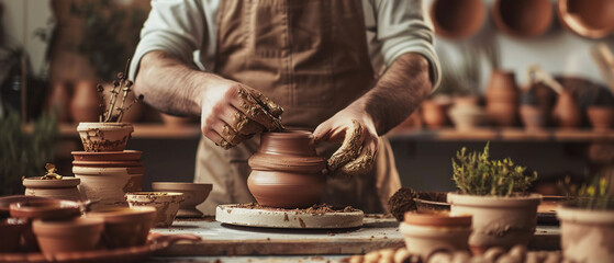 Potter shaping a clay jug in an artisan studio during a workshop. Warm lighting and focused mood convey craftsmanship, learning, and artistic tradition.