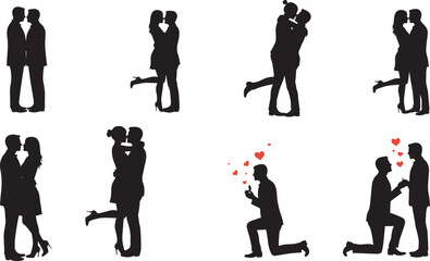 Romantic couple silhouettes, kissing, hugging, proposing, love interaction, black vector design, emotional connection, relationship concept, affectionate pose, marriage proposal illustration