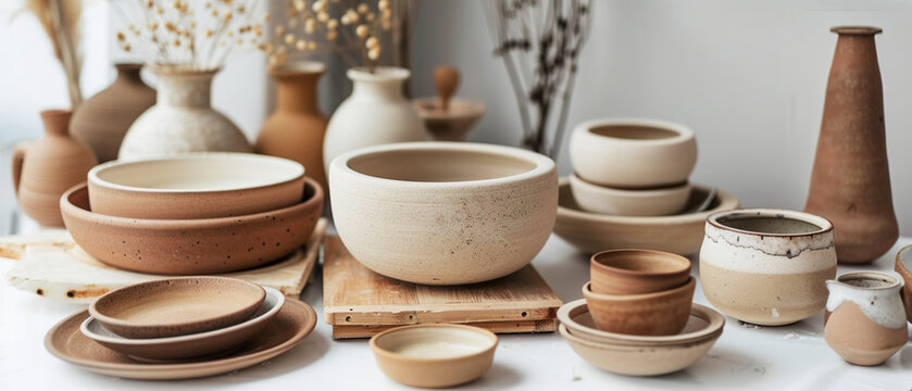 Set of handmade ceramic tableware on a rustic wooden table with warm studio light. Scene from pottery masterclass in artisan workshop.