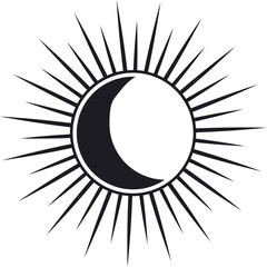 Minimalist sun and crescent moon eclipse symbol