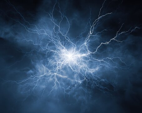 Dramatic lightning bolt striking through dark stormy sky with vivid electric arcs