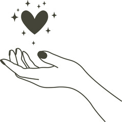 Hand holding glowing heart with sparkles minimalist line art