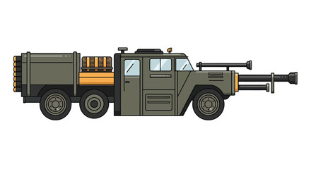 Obraz premium Detailed illustration of a military vehicle with rocket launchers and weaponry