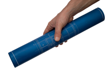 A person holding a blueprint plan. Isolated on transparent background, png