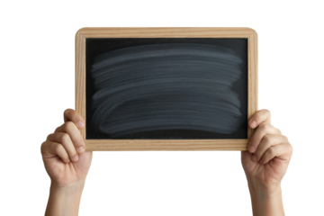 Hands holding a blank chalkboard, ready for your message. Isolated on transparent background, png