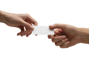 Hands exchanging a business card. Isolated on transparent background, png