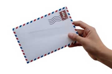 A hand holding an envelope ready for mail. Isolated on transparent background, png