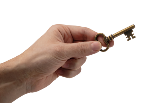 Holding a vintage key. Isolated on transparent background, png