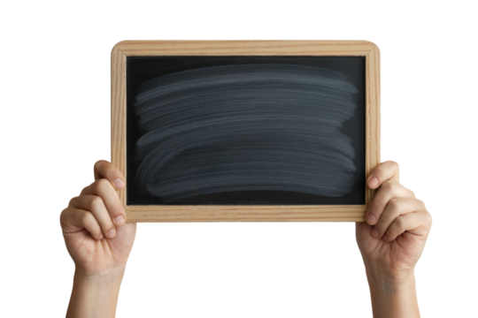 Hands holding a blank chalkboard, ready for your message. Isolated on transparent background, png