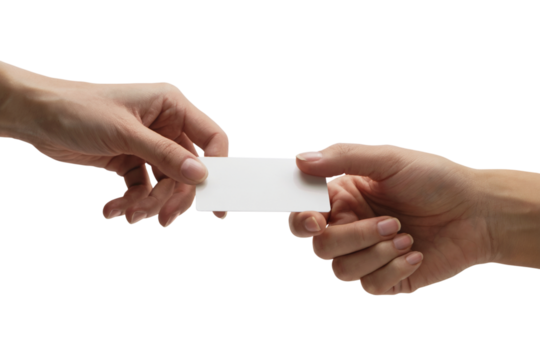 Hands exchanging a business card. Isolated on transparent background, png