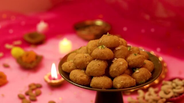 Balushahi or makkhan bada beautifully decorated with a festive celebration background 