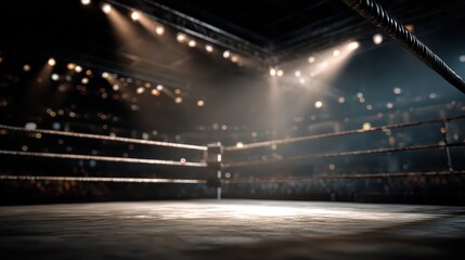 Empty boxing ring illuminated by spotlights in a dark arena setting. Use this for themes of competition, struggle, or winning in a challenge.