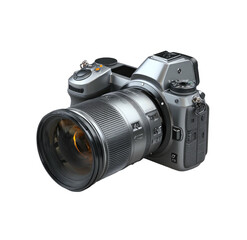 Fototapeta premium A detailed, studio-lit, close-up of a silver-grey digital camera with a large lens on a black background