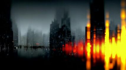 Abstract urban skyline with vertical towers and fiery reflections in dark mist creating dramatic night cityscape atmosphere - Powered by Adobe