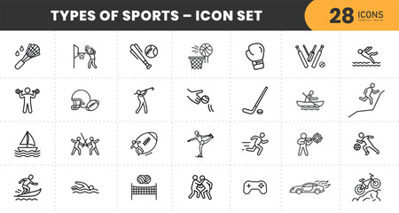 Sports Line Icons Set – Thin Outline Vector Symbols Representing Football, Basketball, Baseball, Swimming, Cycling, Gym, Running, and Fitness with transparent Background.
