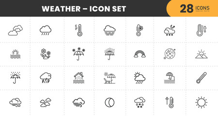 Minimal line weather icon set collection with sun, rain, cloud, snow, temperature, storm, rainbow, and season symbols  with transparent Background.