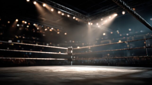 Empty boxing ring illuminated by spotlights in a dark arena setting. Use this for themes of competition, struggle, or winning in a challenge.