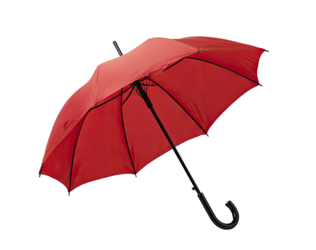 A vibrant, open red umbrella, slightly angled, isolated against a stark black background