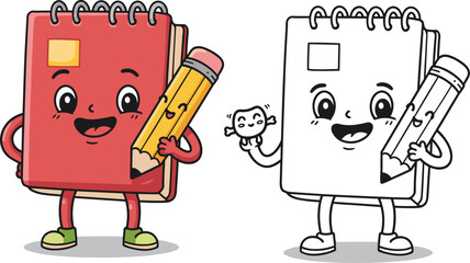 Cute cartoon notebook character holding pencil, educational school illustration for kids, creative stationery design, learning and drawing concept vector art