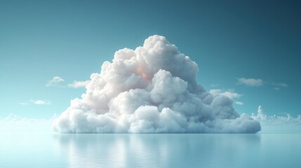 Fluffy cumulus cloud floating above reflective surface in clear blue sky showcasing atmospheric texture and dreamlike serenity in minimalist nature