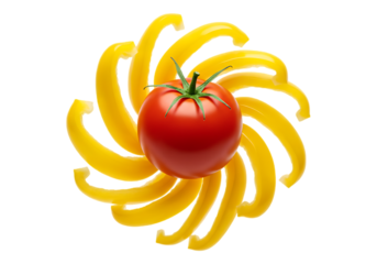 Red tomato centered on swirling yellow pepper slices isolated on transparent background