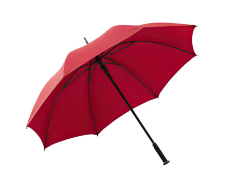 A vivid red umbrella, open against a stark black background, displaying its structure and design