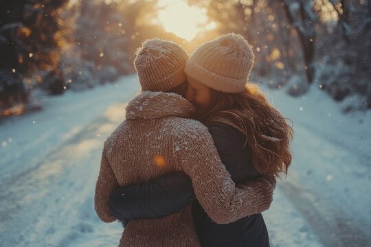 Couple hugging in the snow.