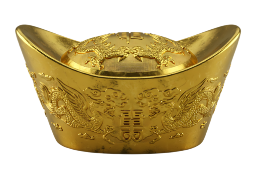 Ornate gold ingot symbol of wealth and prosperity isolated on transparent background