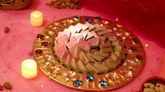 Kaju katli beautifully plated with a festive decorated background 