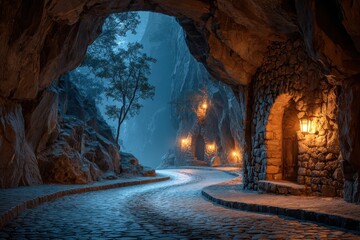 A cobblestone path winds through an illuminated, mysterious mountain pass. Use for fantasy projects, or travel blog inspiration for magical destinations.