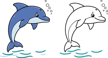 Cartoon dolphin leaping from water with blue body and cheerful face, marine animal in color and black-and-white outline version, kids coloring book page vector