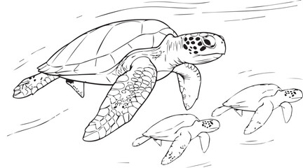 Detailed line art drawing of sea turtles swimming gracefully underwater surrounded by water ripples and bubbles