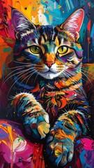 Vibrant multicolored cat portrait.  Bold colors, expressive eyes, and a dynamic style create a striking image of a cat resting