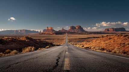 Endless road to monument valley at sunset. Artificial intelligence image